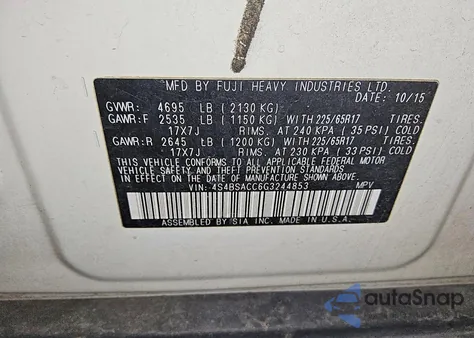 2016 Subaru Outback 2.5I Premium z USA, uszkodzony, nr VIN 4S4BSACC6G3244853